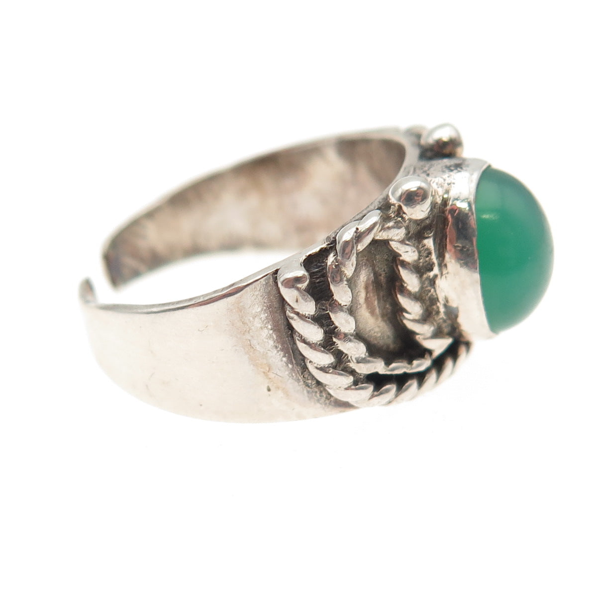 925 Sterling Silver Vintage Real Green Onyx Oxidized Adjustable Ring Size 7.75