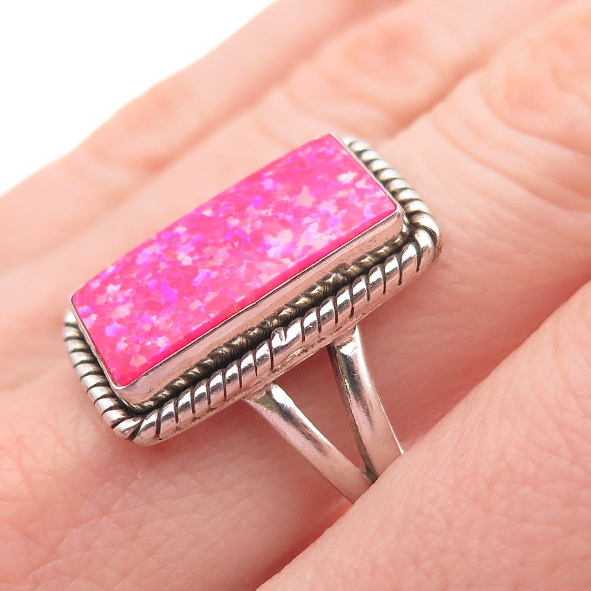 Old Pawn 925 Sterling Silver Vintage Southwestern Pink Opal Tribal Ring Size 9