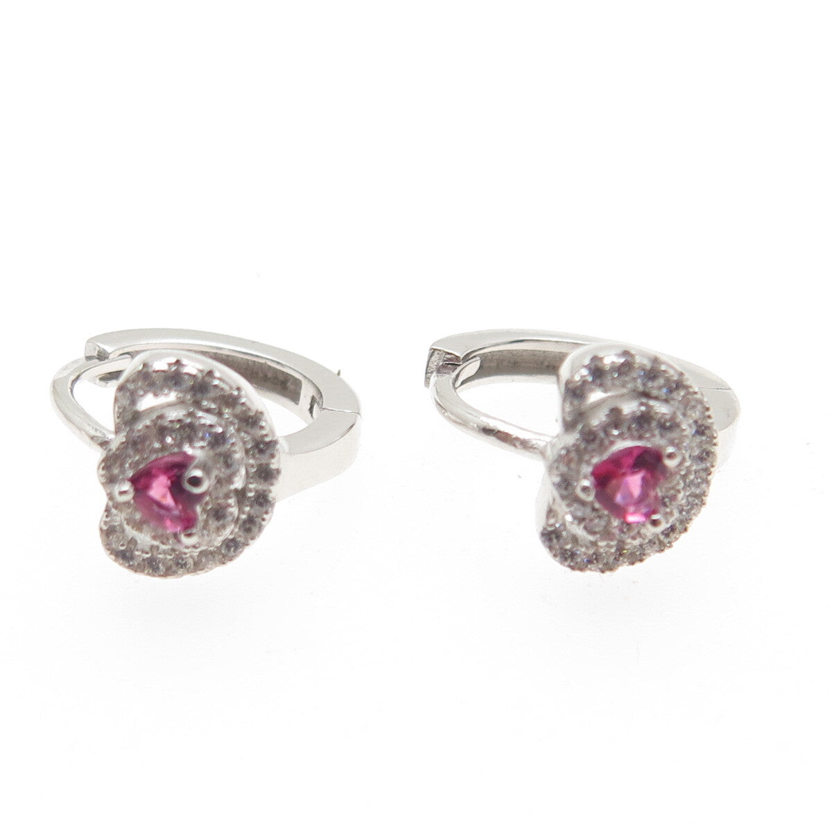 925 Sterling Silver Pink Heart-Cut & White Round-Cut Shaped C Z Hoop Earrings