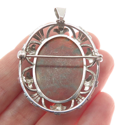 835 Silver Vintage Netherlands Real Fire Agate Gem Ornate Frame Pendant / Brooch