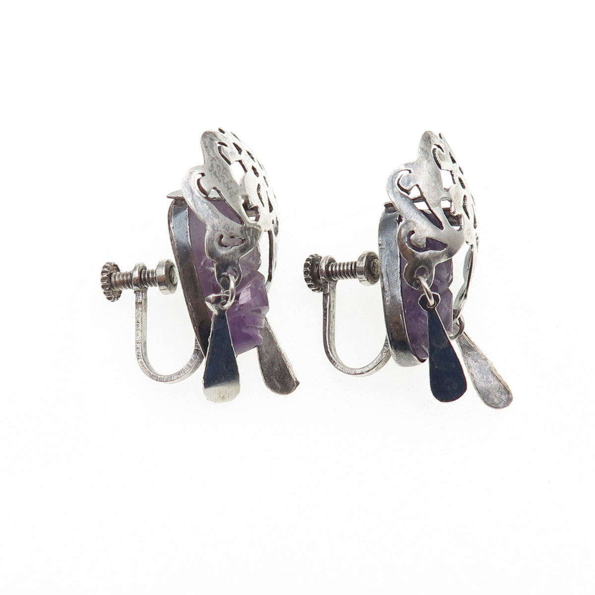 925 Sterling Silver Vintage Mexico Real Amethyst Goddess Screw Back Earrings