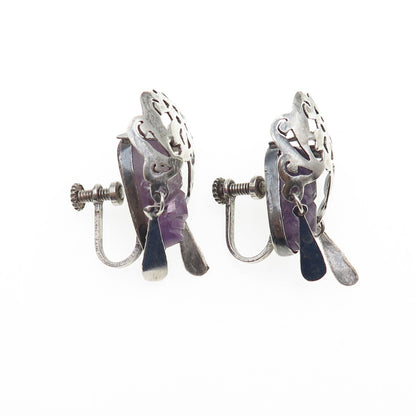 925 Sterling Silver Vintage Mexico Real Amethyst Goddess Screw Back Earrings