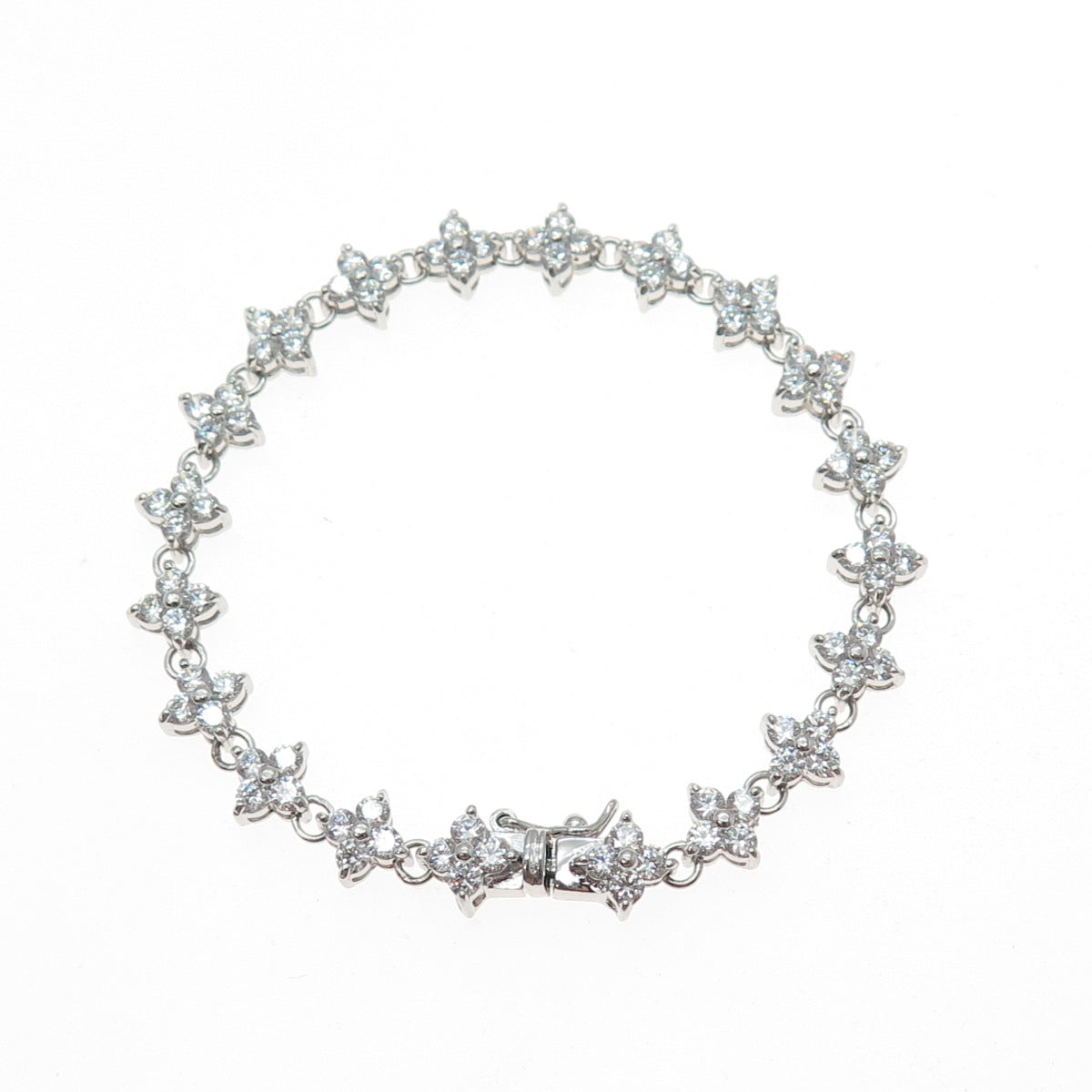 JCM Jacmel Mauritius 925 Sterling Silver Round-Cut C Z Flower Link Bracelet 6.5"