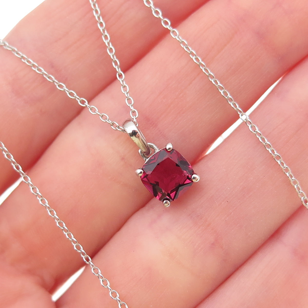 925 Sterling Silver Real Cushion-Cut Rhodolite Cable Chain Necklace 18"