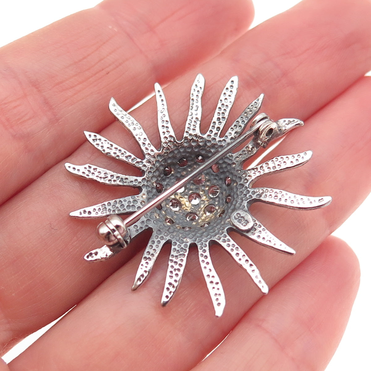 925 Sterling Silver Vintage Round-Cut C Z Modernist Floral Oxidized Pin Brooch