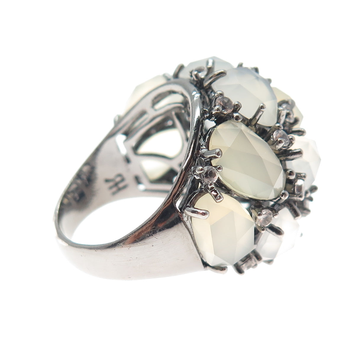 925 Sterling Silver Black Rhodium Real Chalcedony & White Topaz Ring Size 7.25