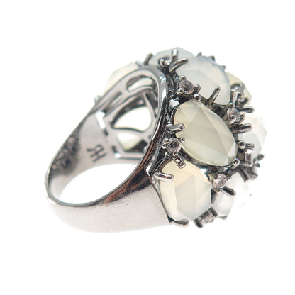 925 Sterling Silver Black Rhodium Real Chalcedony & White Topaz Ring Size 7.25