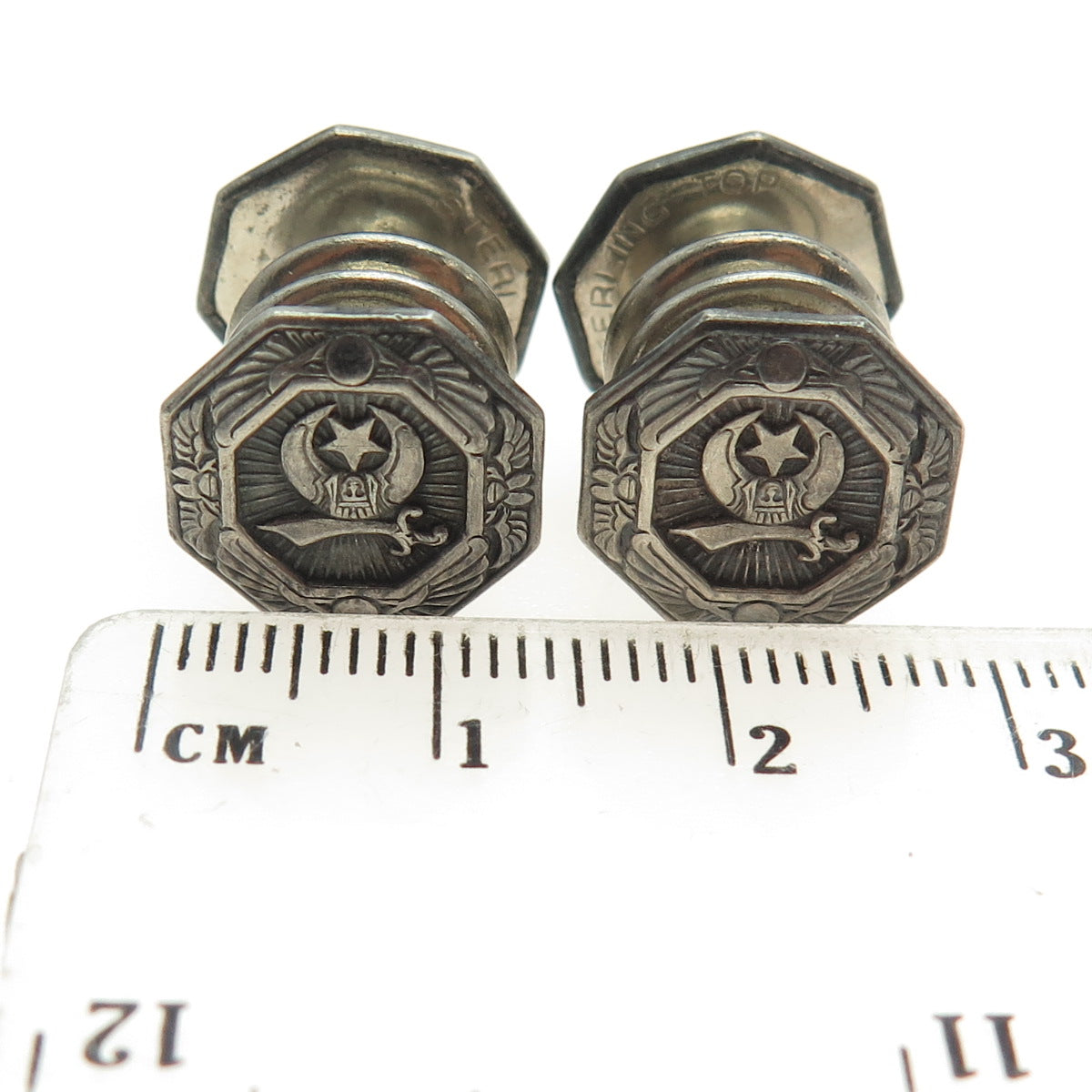 WHITEHEAD HOAG CO. Antique Sterling Top Egyptian Warrior Set of 2 Clip Buttons