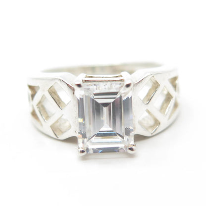 925 Sterling Silver Emerald-Cut Shaped C Z Cage Ring Size 6.25