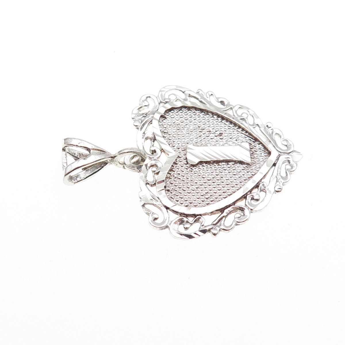 925 Sterling Silver Vintage Letter I Initial Ornate Heart Charm Pendant