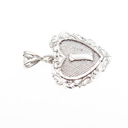 925 Sterling Silver Vintage Letter I Initial Ornate Heart Charm Pendant