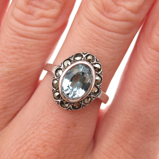925 Sterling Silver Vintage Real Blue Topaz & Marcasite Oxidized Ring Size 5.5