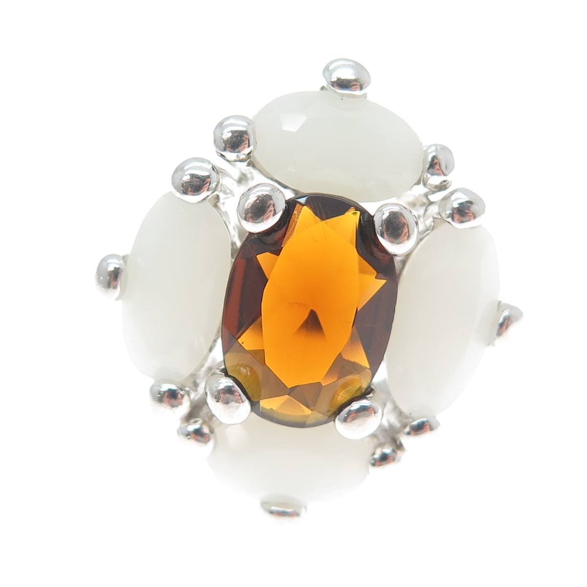 925 Sterling Silver Vintage Real Citrine & White Chalcedony Ring Size 8