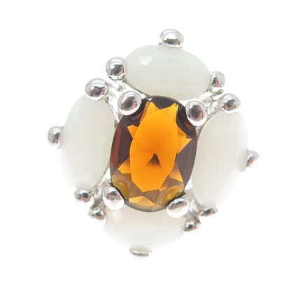 925 Sterling Silver Vintage Real Citrine & White Chalcedony Ring Size 8