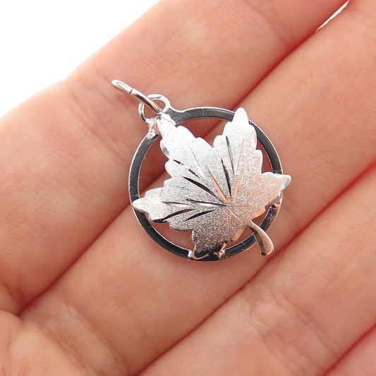 925 Sterling Silver Front Vintage EMC Maple Leaf Minimalist Charm Pendant