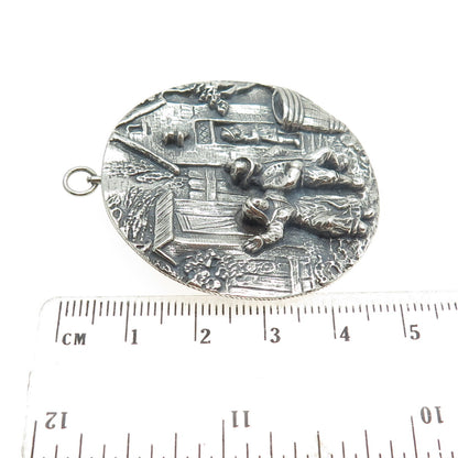 925 Sterling Silver Antique Art Deco Storyteller Oxidized Pin Brooch / Pendant