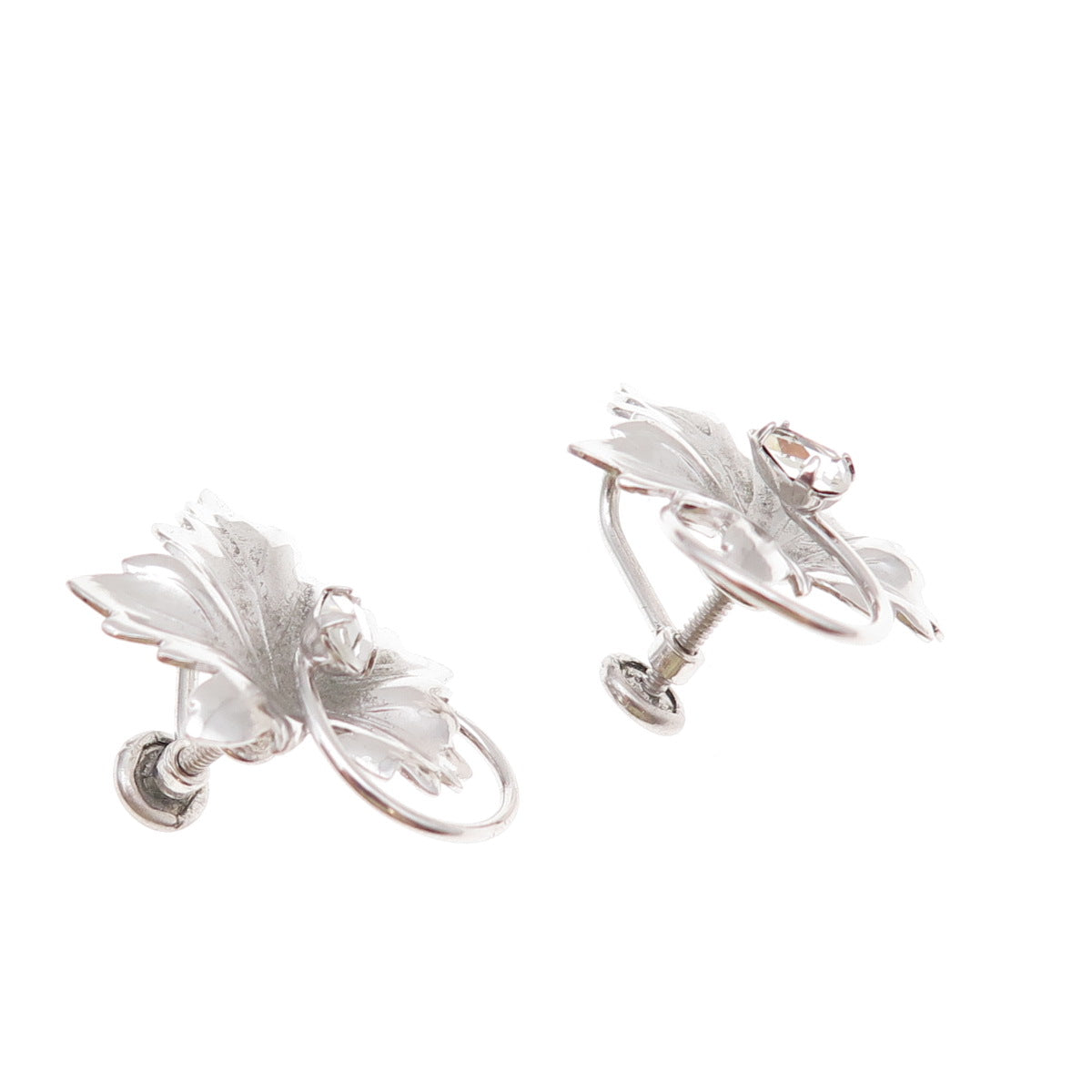 Carl Art Sterling Silver Antique Art Deco Rhinestone Floral Screw Back Earrings