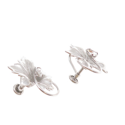 Carl Art Sterling Silver Antique Art Deco Rhinestone Floral Screw Back Earrings
