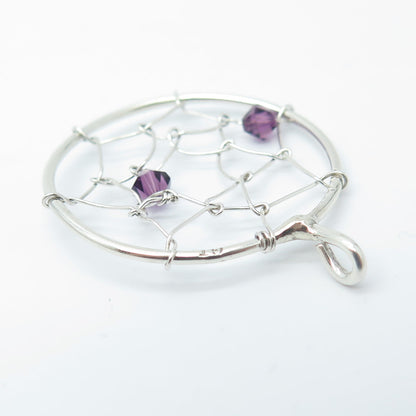 925 Sterling Silver Vintage Real Amethyst Gemstone Spiderweb Pendant