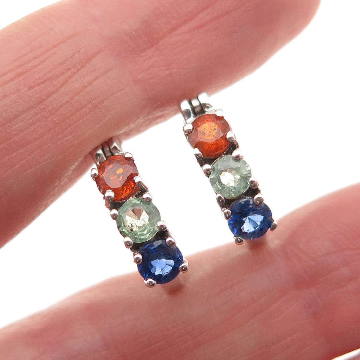 D'JOY 925 Sterling Silver Real Round-Cut Multi-Color Sapphire Hoop Earrings