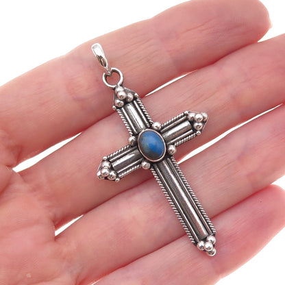 925 Sterling Silver Vintage Real Lapis Beaded Cross Oxidized Charm Pendant
