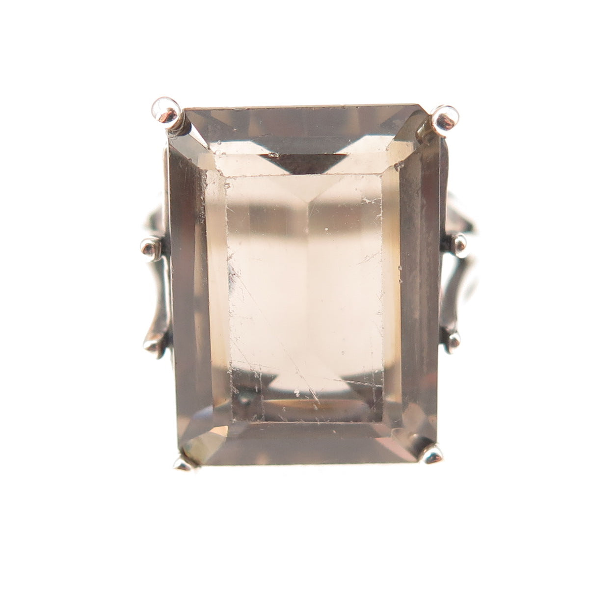 925 Sterling Silver Vintage Real Emerald-Cut Smoky Quartz Ring Size 8