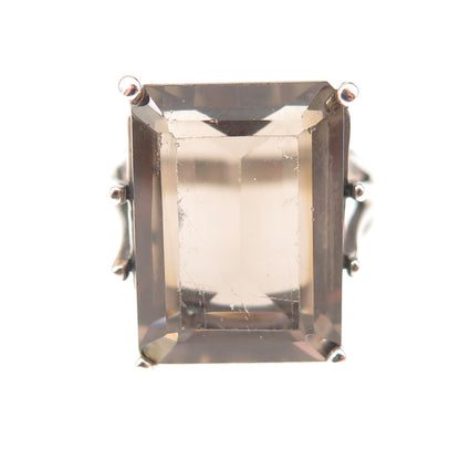 925 Sterling Silver Vintage Real Emerald-Cut Smoky Quartz Ring Size 8