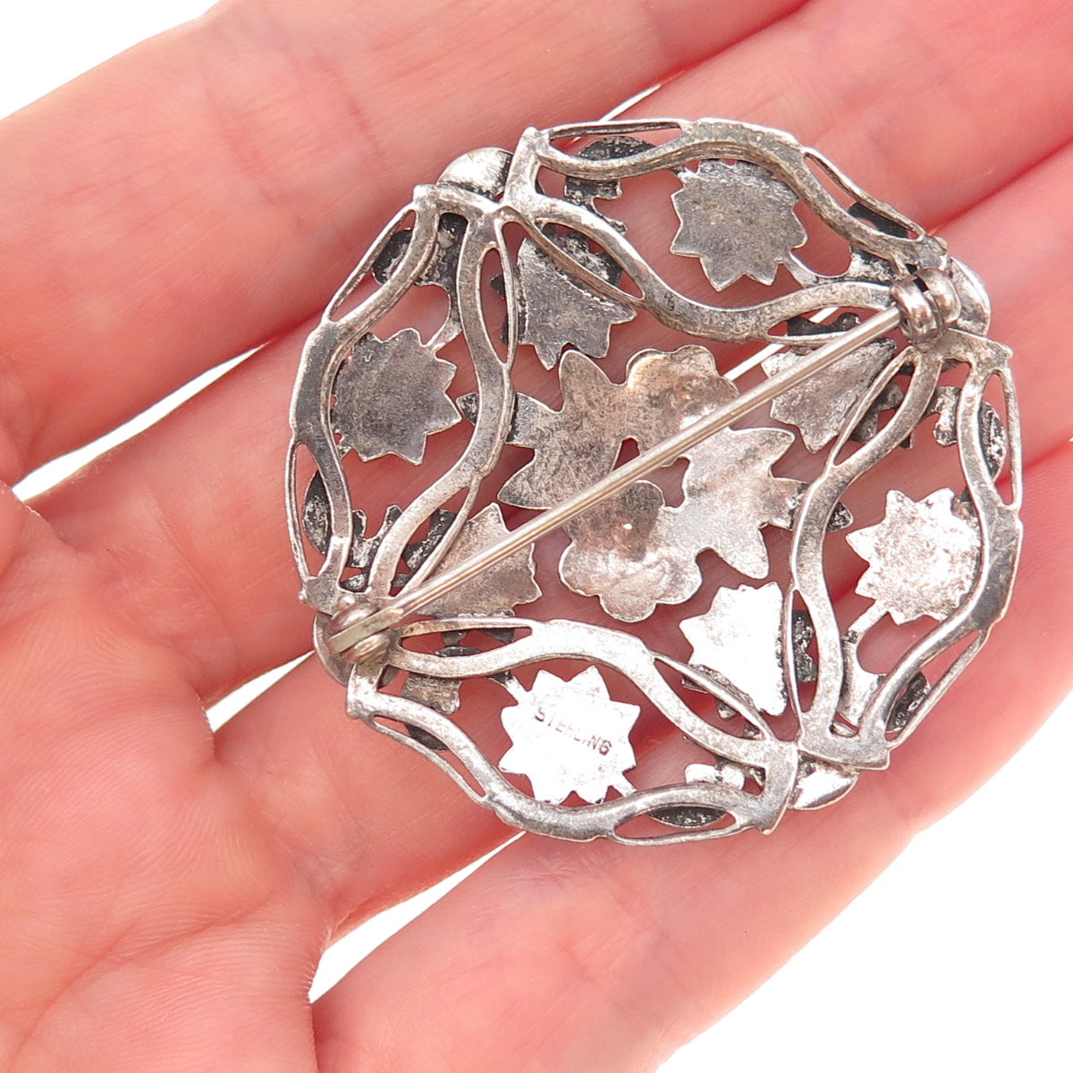 925 Sterling Silver Antique Art Deco Floral Oxidized Pin Brooch