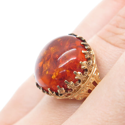 925 Sterling Silver Gold Plated Real Amber Crown Ring Size 6.25