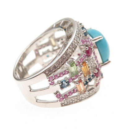 Carol Brodie Sterling Silver Real Turquoise Multi-Color Sapphire Ring Size 7.25