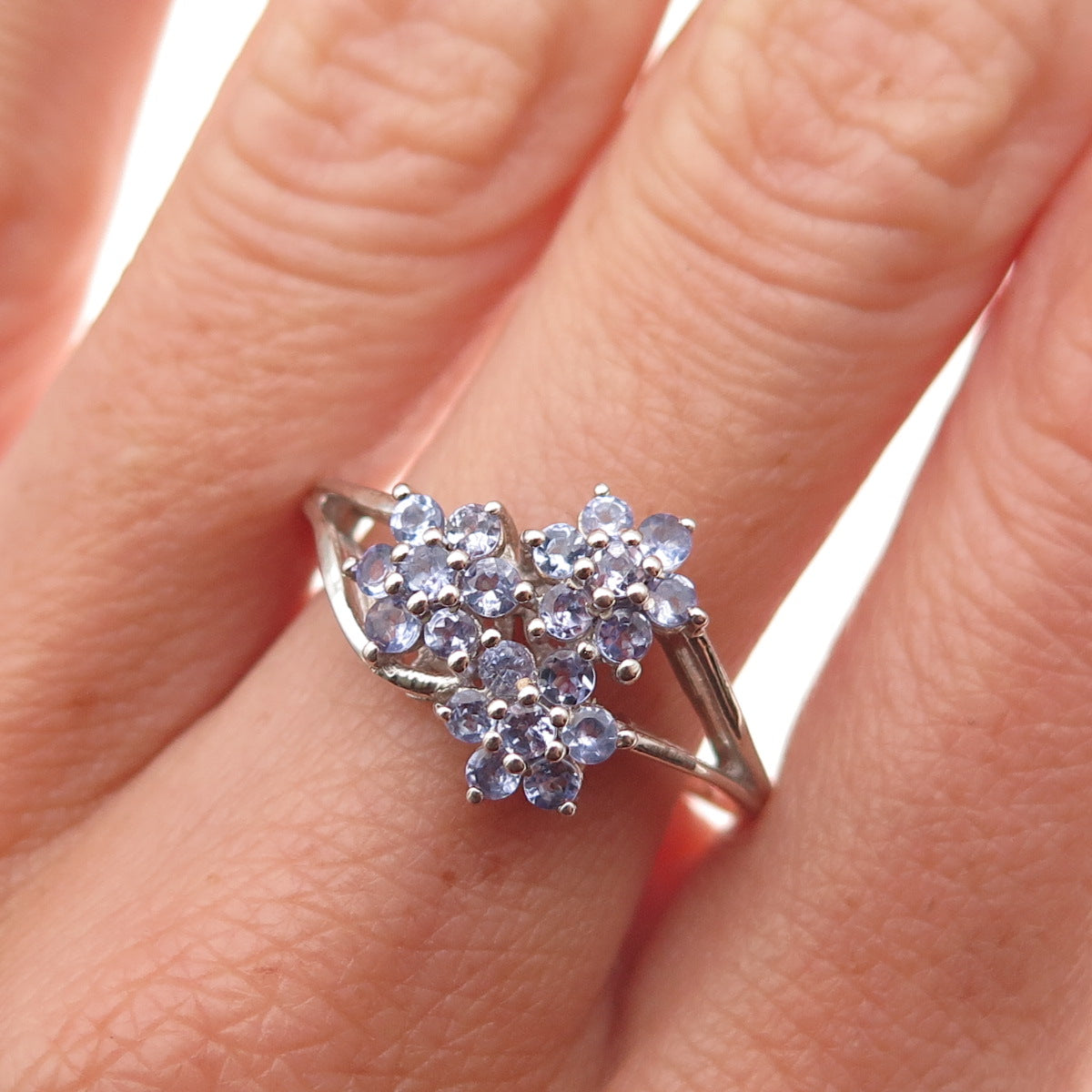 Chuck Clemency 925 Sterling Silver Real Round-Cut Tanzanite Floral Ring Size 8