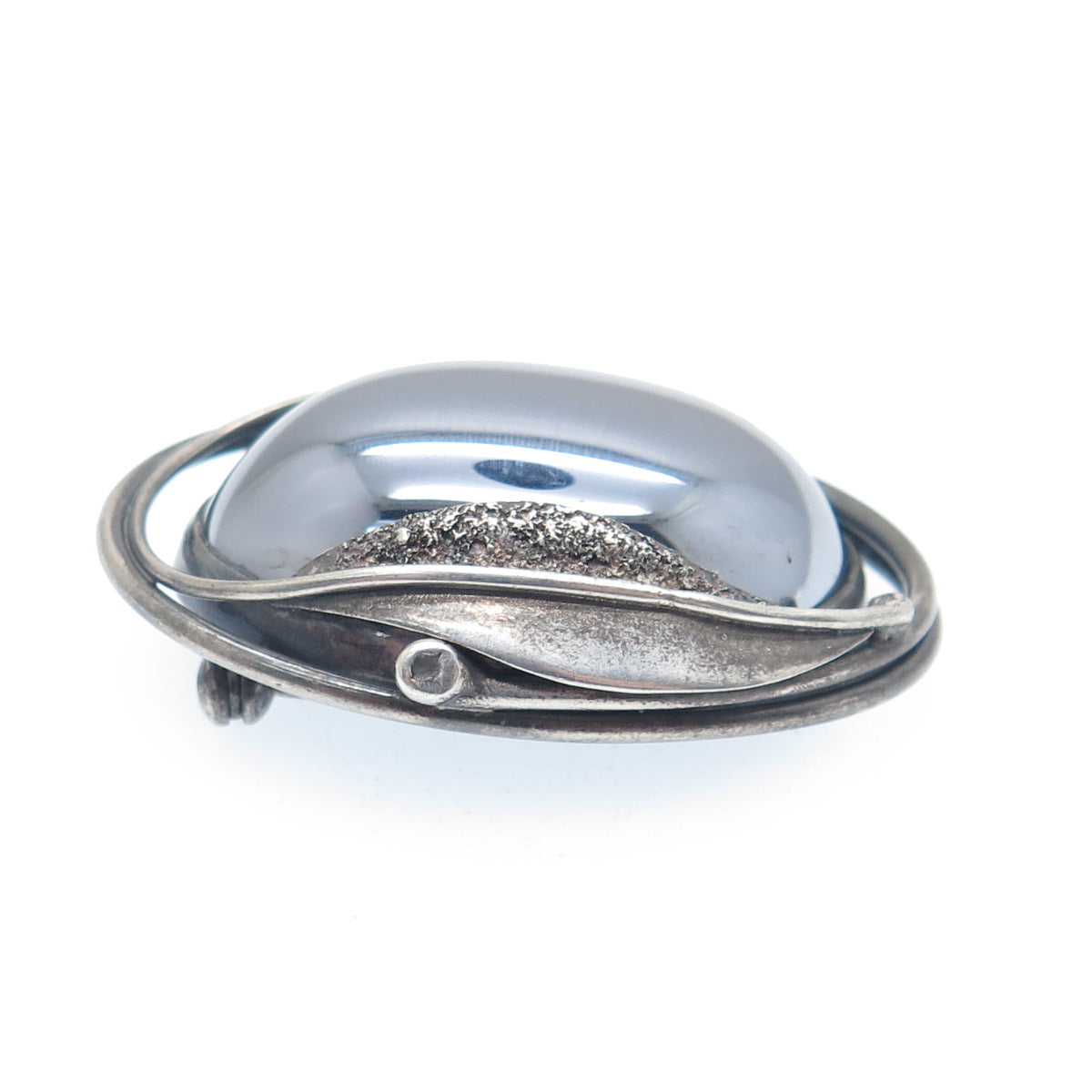 925 Sterling Silver Vintage Real Hematite Modernist Floral Leaf Pin Brooch