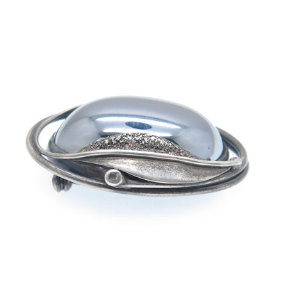 925 Sterling Silver Vintage Real Hematite Modernist Floral Leaf Pin Brooch