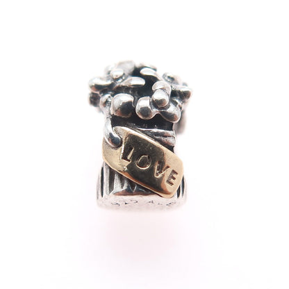 PANDORA 925 Sterling Silver & Gold Love Flower Bouquet Slide Bead Charm