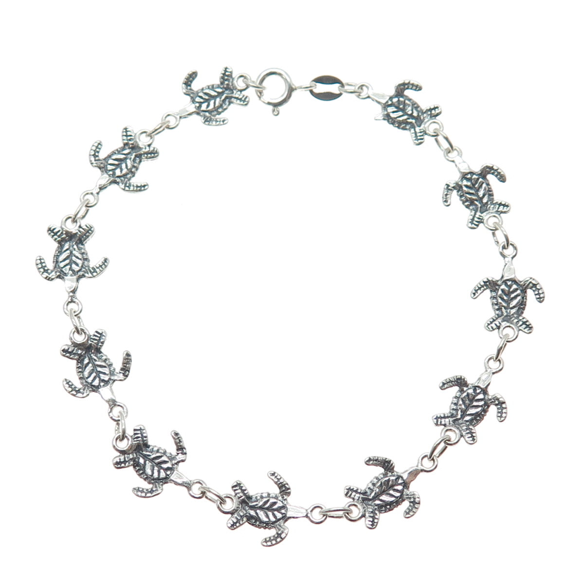 925 Sterling Silver Vintage Turtle Link Oxidized Bracelet 7.5"