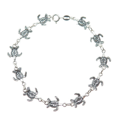 925 Sterling Silver Vintage Turtle Link Oxidized Bracelet 7.5"