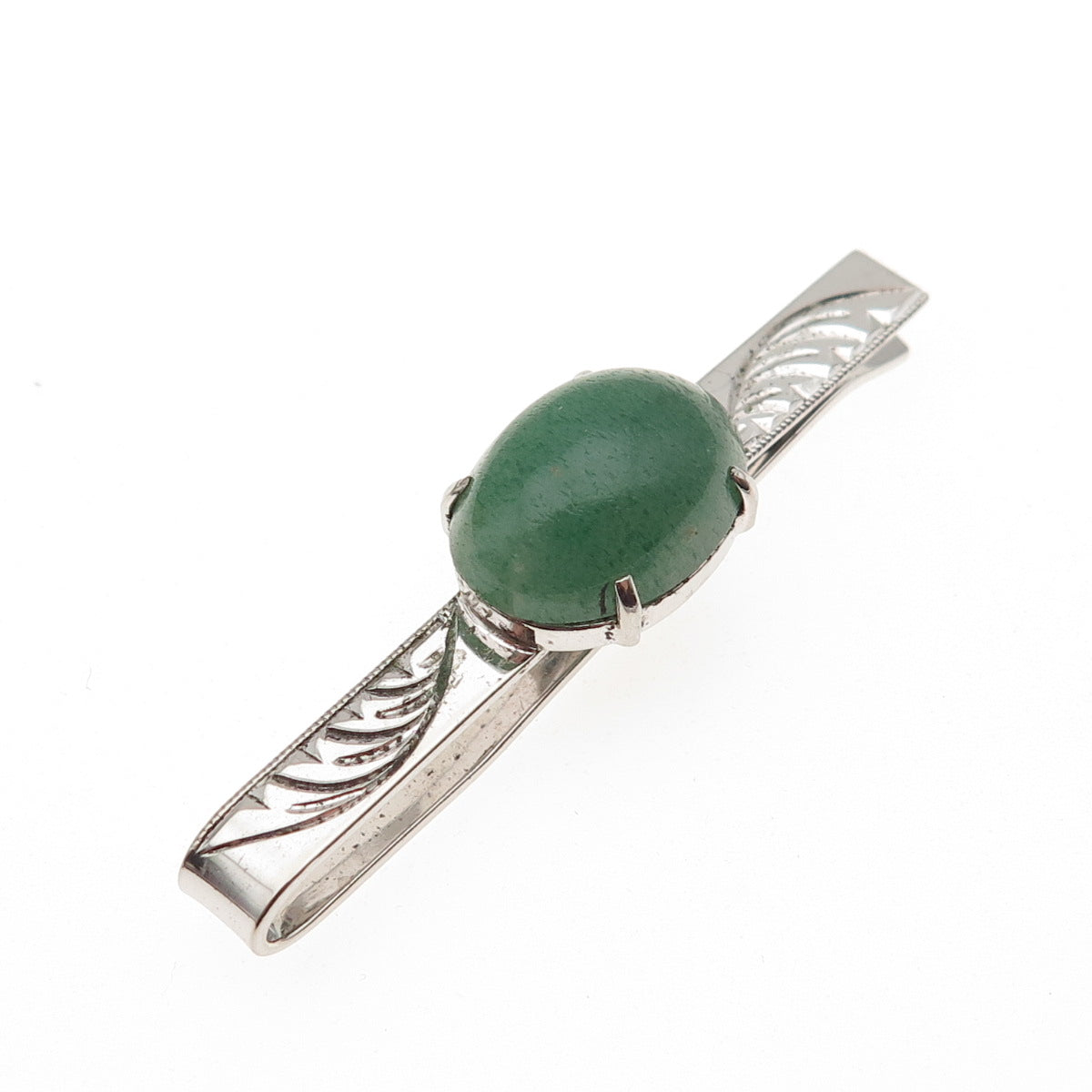 925 Sterling Silver Antique Art Deco Real Aventurine Engraved Tie Clip