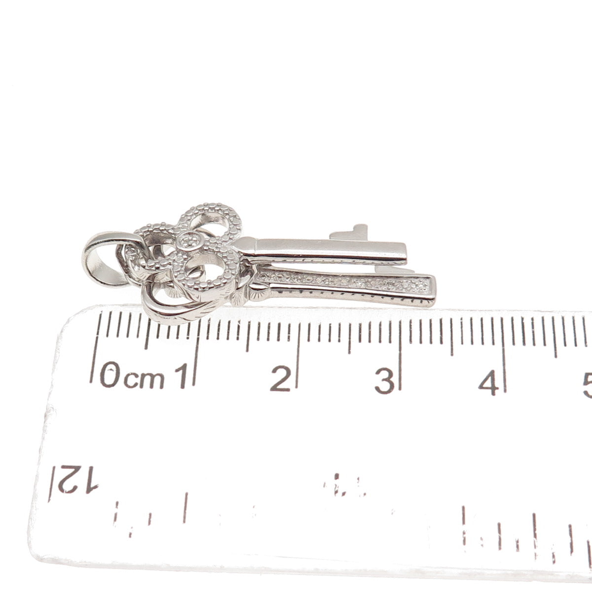 925 Sterling Silver Real Round-Cut Diamond Heart & Club Key Charm Pendant