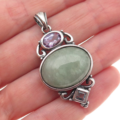 925 Sterling Silver Vintage Real Aventurine Amethyst & Blue Topaz Pendant