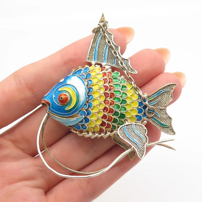 925 Sterling Silver Colorful Enamel Antique Articulated Chinese Koi Fish Fob