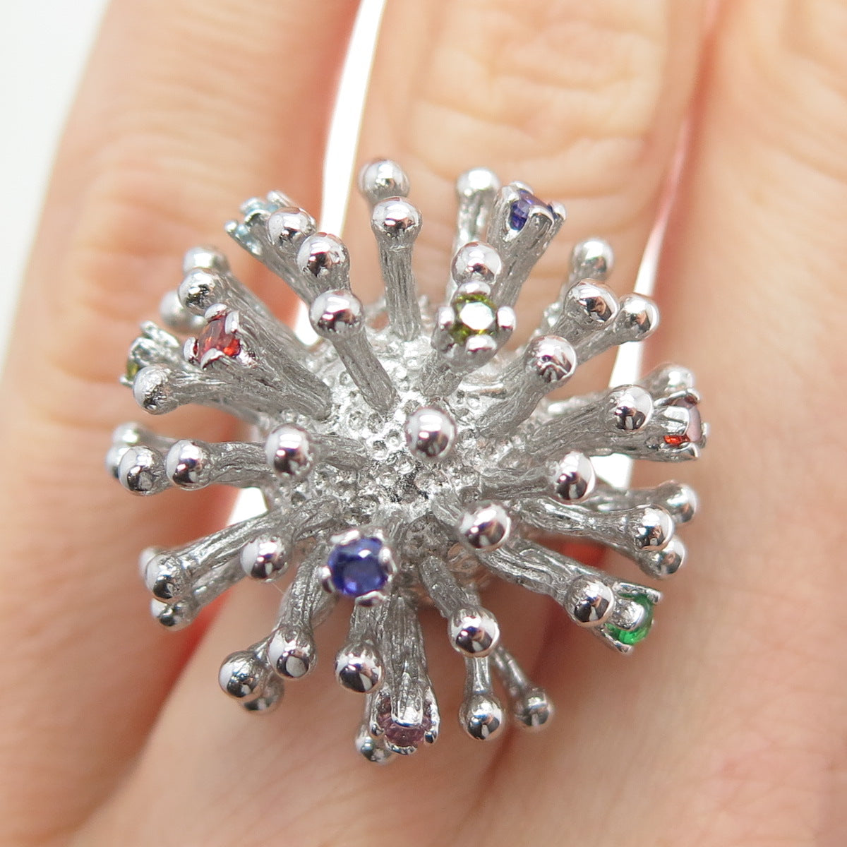 925 Sterling Silver Round-Cut Multi-Color C Z Starburst Firework Ring Size 6.25