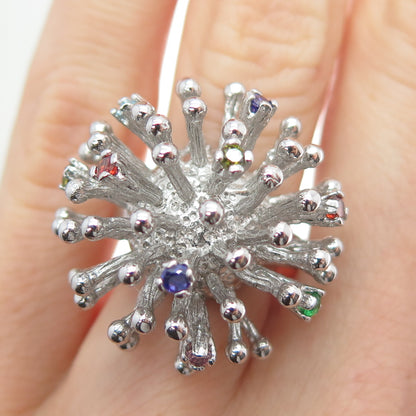 925 Sterling Silver Round-Cut Multi-Color C Z Starburst Firework Ring Size 6.25