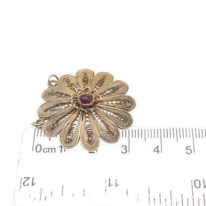 925 Sterling Gold Plated Vintage Real Garnet Filigree Flower Centerpiece Pendant