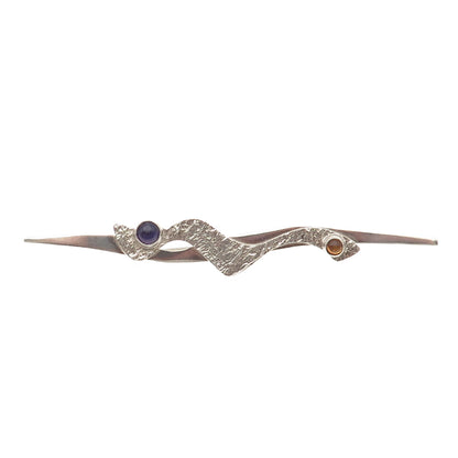 925 Sterling Silver Vintage Artisan Real Amethyst & Citrine Modernist Pin Brooch