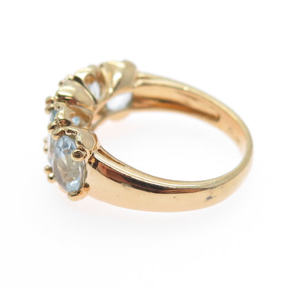 925 Sterling Silver Gold Plated Vintage Real Oval-Cut Blue Topaz Ring Size 8