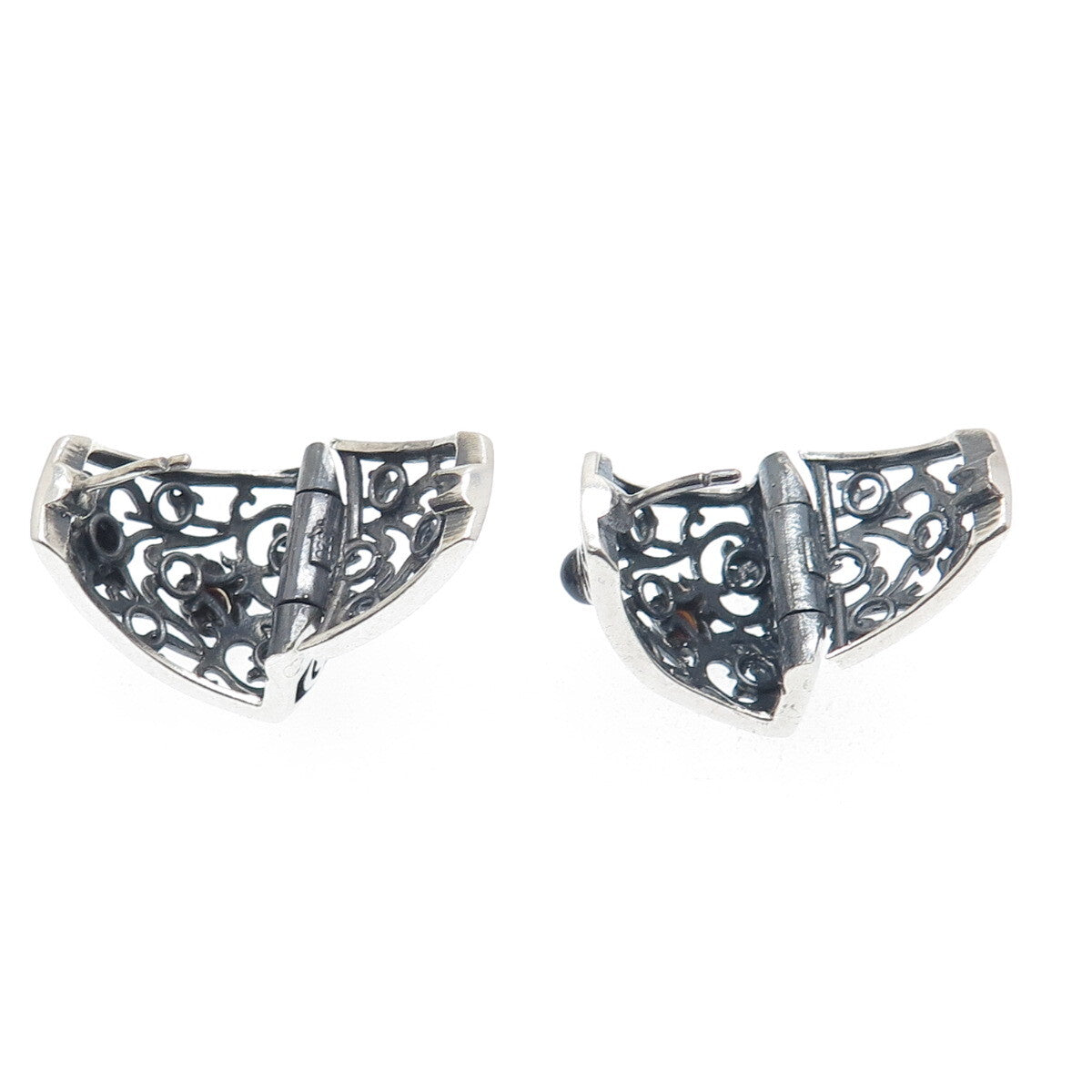 925 Sterling Silver Vintage Real Black Onyx Ornate Oxidized Earrings