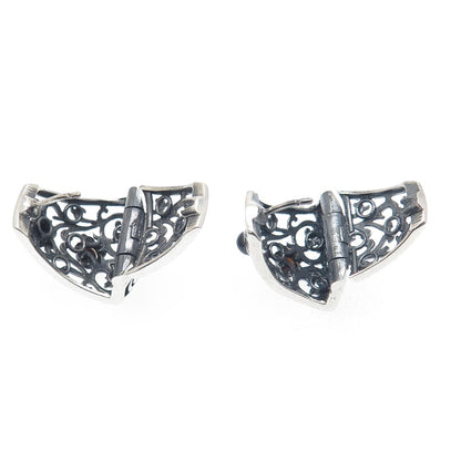 925 Sterling Silver Vintage Real Black Onyx Ornate Oxidized Earrings