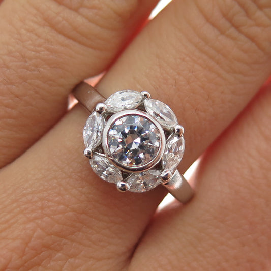 925 Sterling Silver Vintage Round & Marquise-Cut C Z Engagement Ring Size 9.25