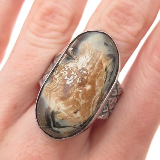 925 Sterling Silver Vintage Real Laguna Lace Agate Oxidized Ring Size 9.75