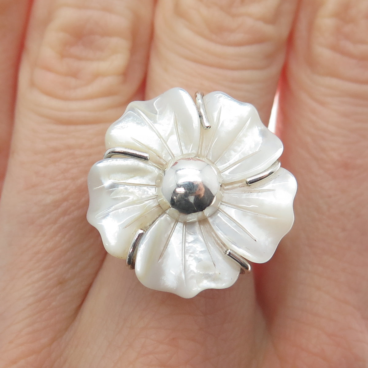 RIDER 950 Silver Vintage Real Carved MOP Flower Adjustable Ring Size 8.75